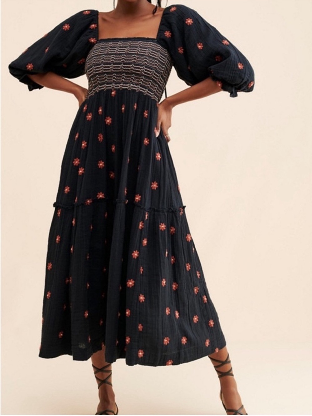 Free People Black Dahlia Dress Floral Embroidered size Small